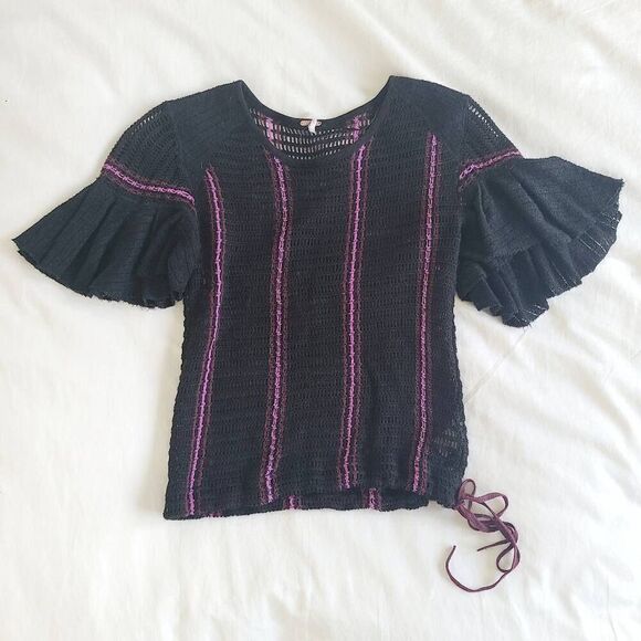 Free People Blouse Top Women's Size XS Crochet Black and Purple Side Tie Top - Picture 2 of 7